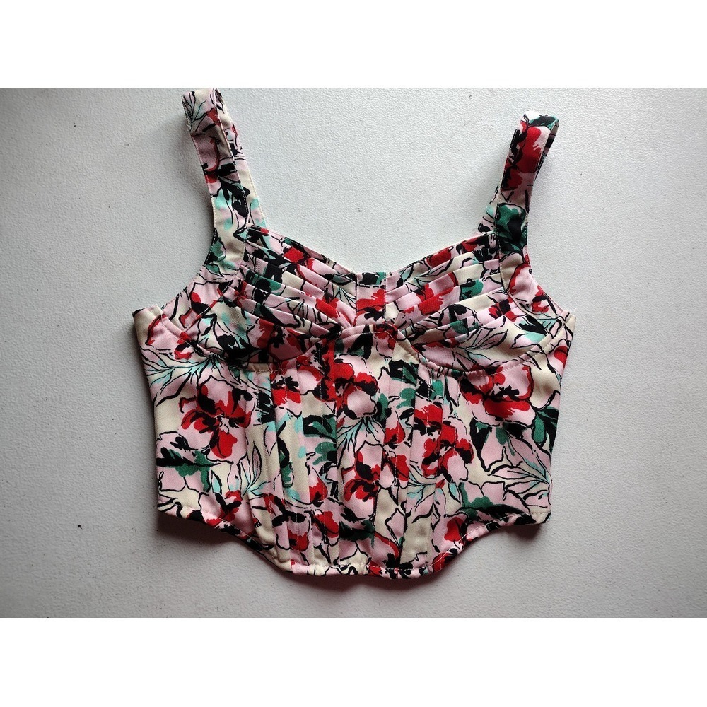 Japra Women Pink Floral Corset Top Smocked Back Pleated Bust Crop XS